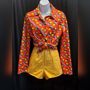 1970's handmade l/s geo disco, button down polyester shirt.